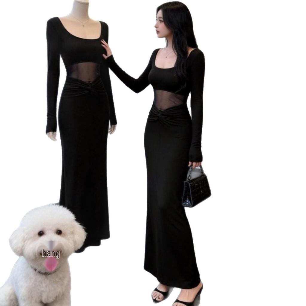 2026 Spring Women's Sexy Mesh Splice Long Dress: Slim Waist-Cinching, Hip-Hugging Design