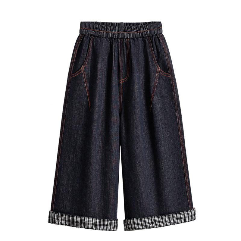 DIMANAF 2026 Spring Summer Plus Size Women Long Pants Denim Jeans Elastic Waist Oversize Loose Cotton Plaid Blue