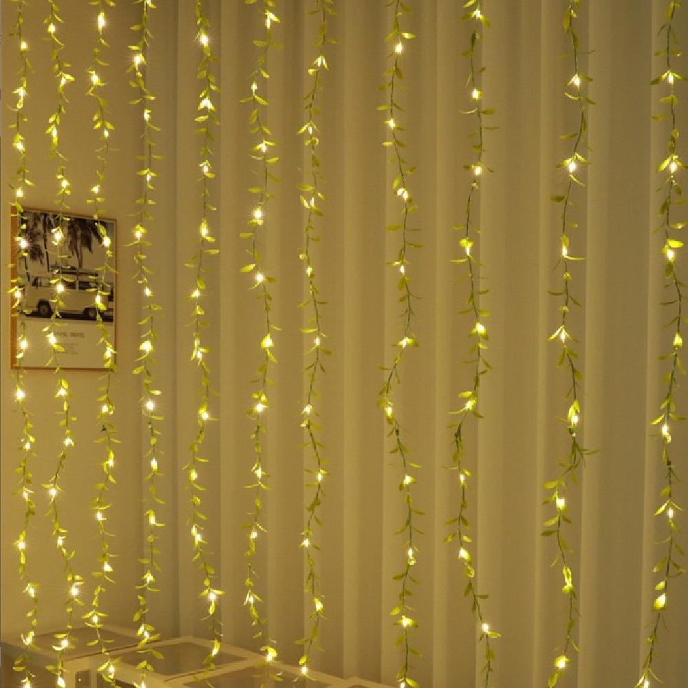 LED green leaf rattan copper wire 3X1M curtain lamp USB remote control home decoration simulation plant Liuye stylus