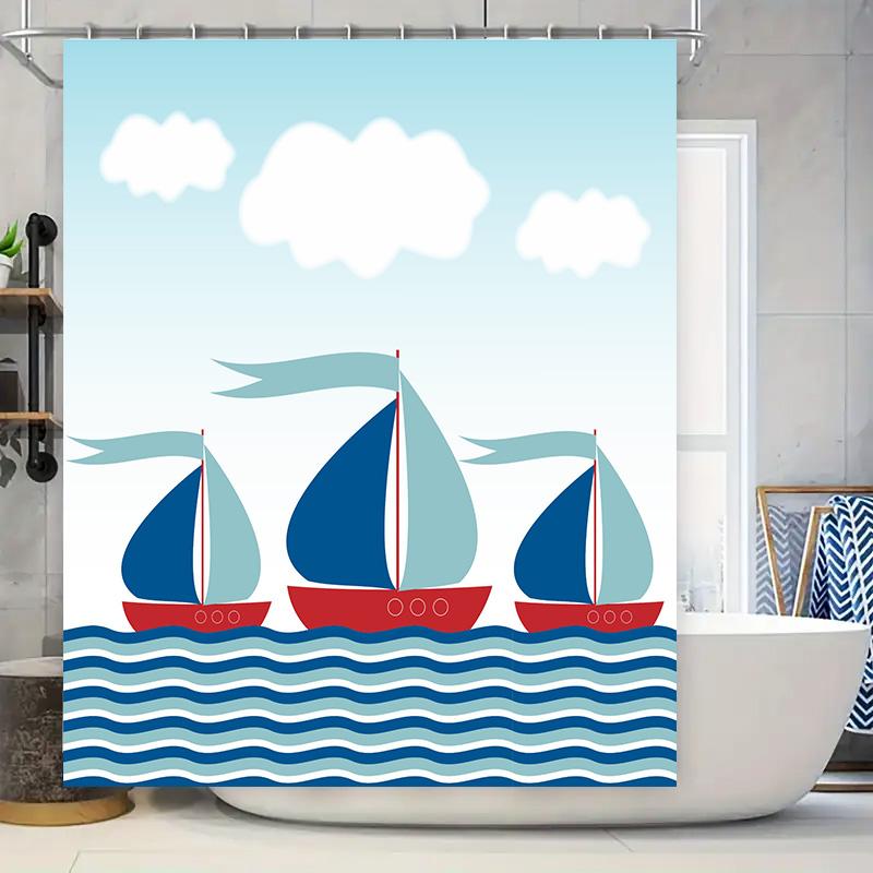 

Bright Sailboat Shower Curtain Set: Blue Waves Bath Decor, Kids Room Wall Hangings Bathroom Decor For Home Decoration W60H190(CM)-1 Pcs