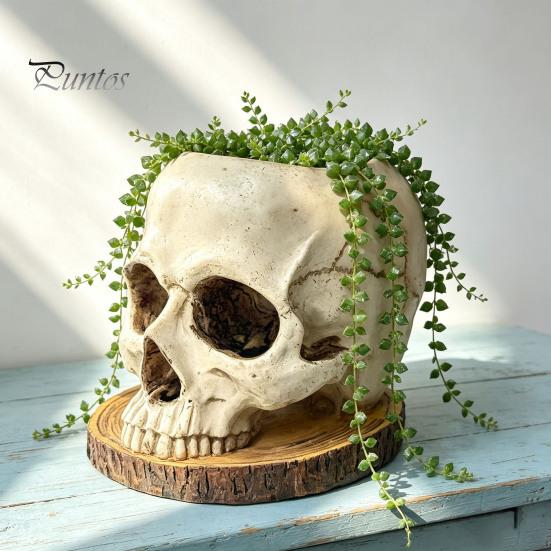 Desktop Plant Display Halloween Retro Skull Planter, Spooky Gothic Human Head Flower Pot, Indoor Potted Pot Skeleton Candy Bowl Decoration for
