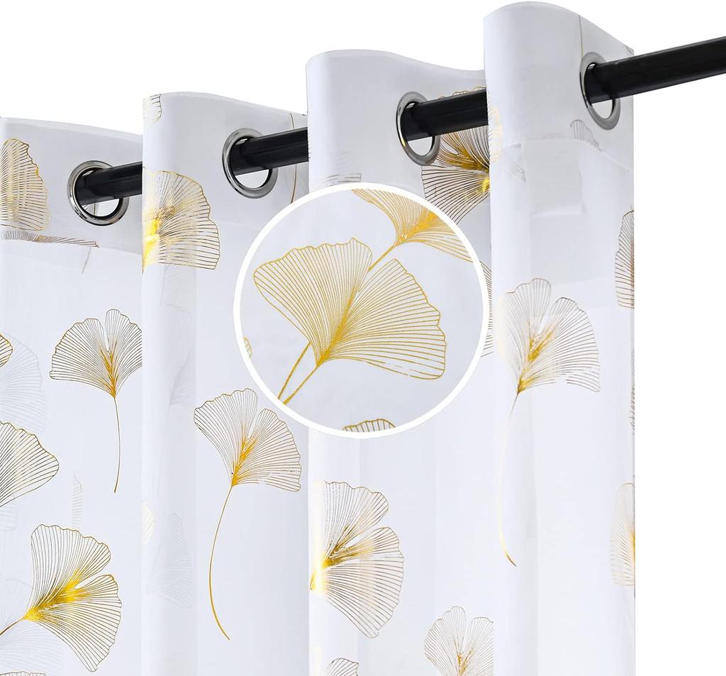 Gold Foil Print Voile Sheer Curtains, Leaves Grommet Top Window Drapes 96 Inches Long, Luxury Metallic Bronzing Treatment Panels