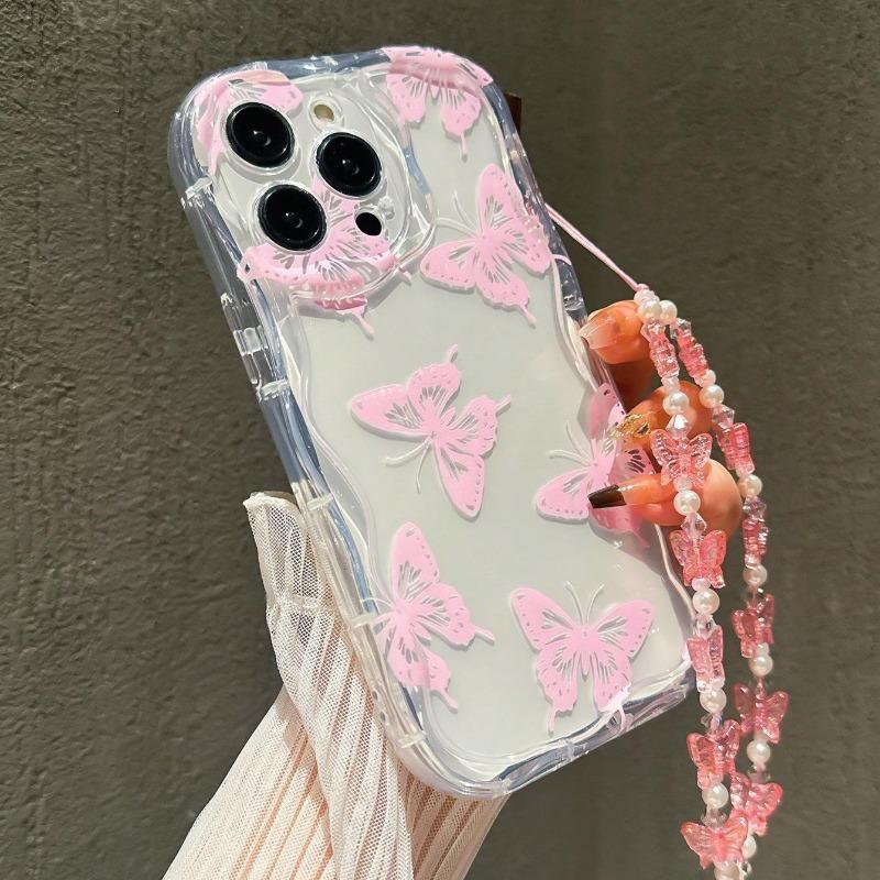 Butterfly Pattern Phone Case For iPhone 17 Air 16 15 14 13 12 11 Pro Max 16E X XR XS Max 7 8 Plus Transparent Cover With Lanyard