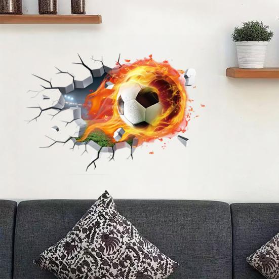 3D Soccer Wall Stickers, Self-Adhesive Soccer Ball Wallpaper Poster, Sports Ball Breakthrough Wall Decals for Boys Bedroom Playroom