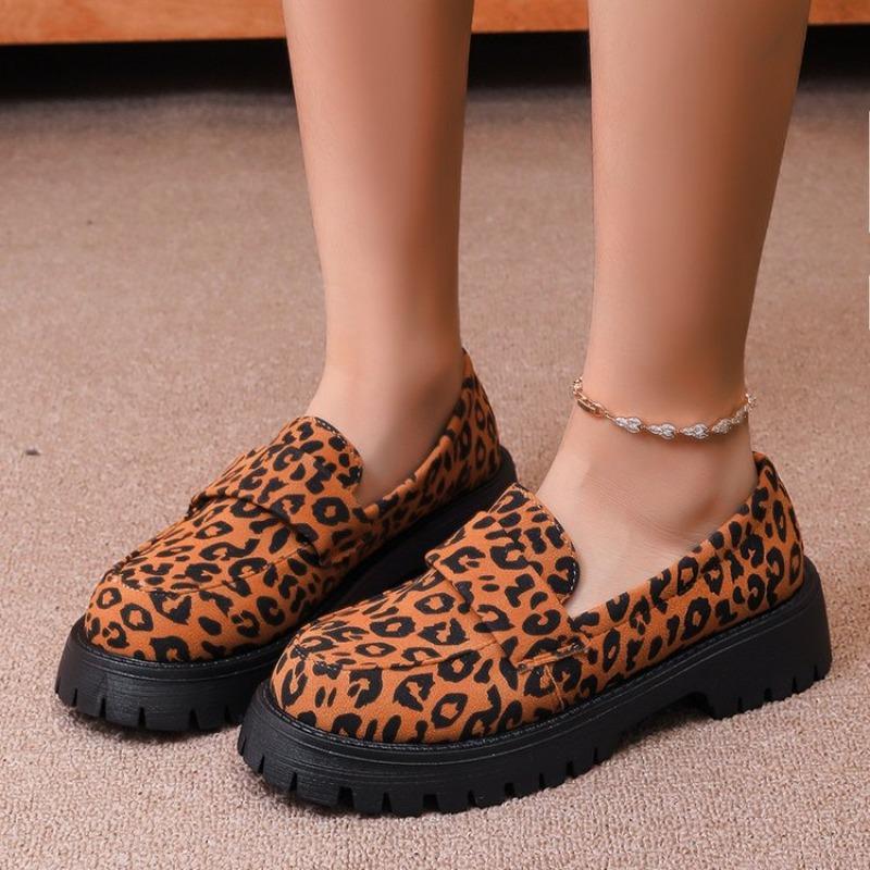 Sexy Leopard Loafers Platform Women Shoes 2025 Vintage Slip On Thick Square Heels Pumps Woman Round Toe Casual Shoes Mocasins 43