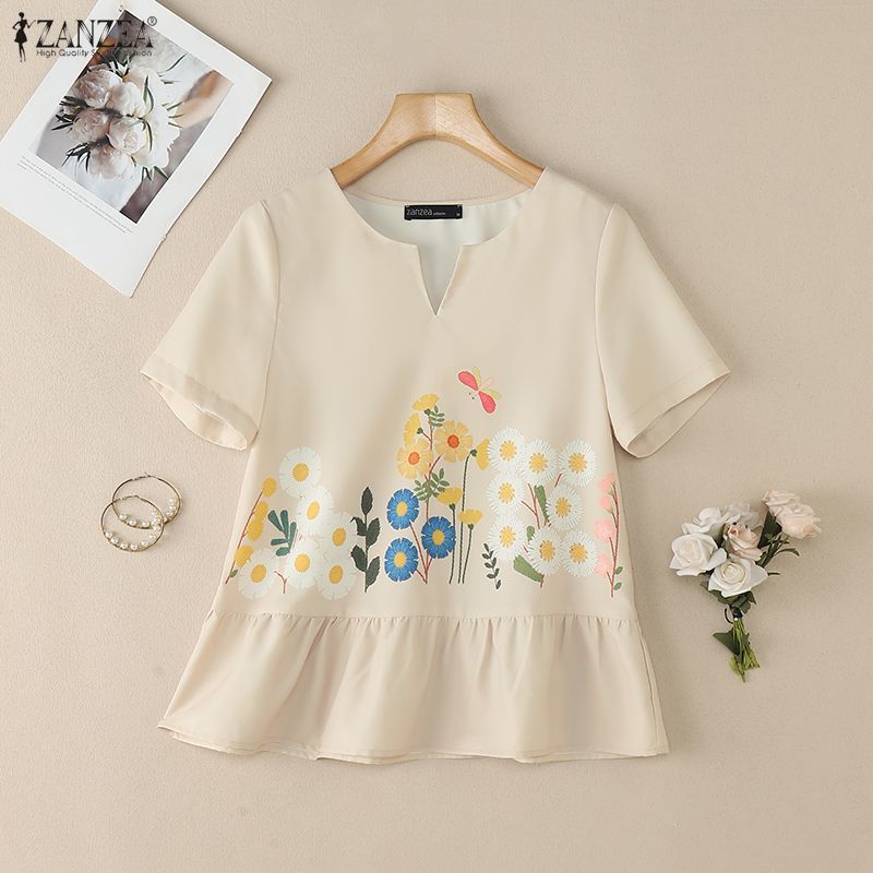 ZANZEA Women Casual V-Neck Short Sleeve Floral Print Blouse