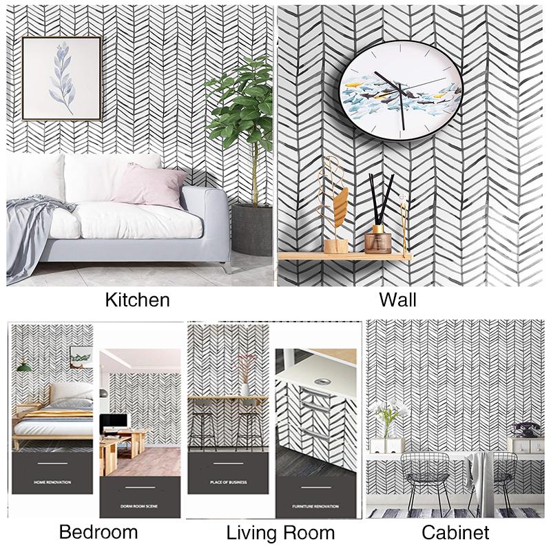 Boho Peel and Stick Wallpaper Stripe Herringbone Black White Vinyl Self Adhesive Room Decor Contact Paper 45cm wide