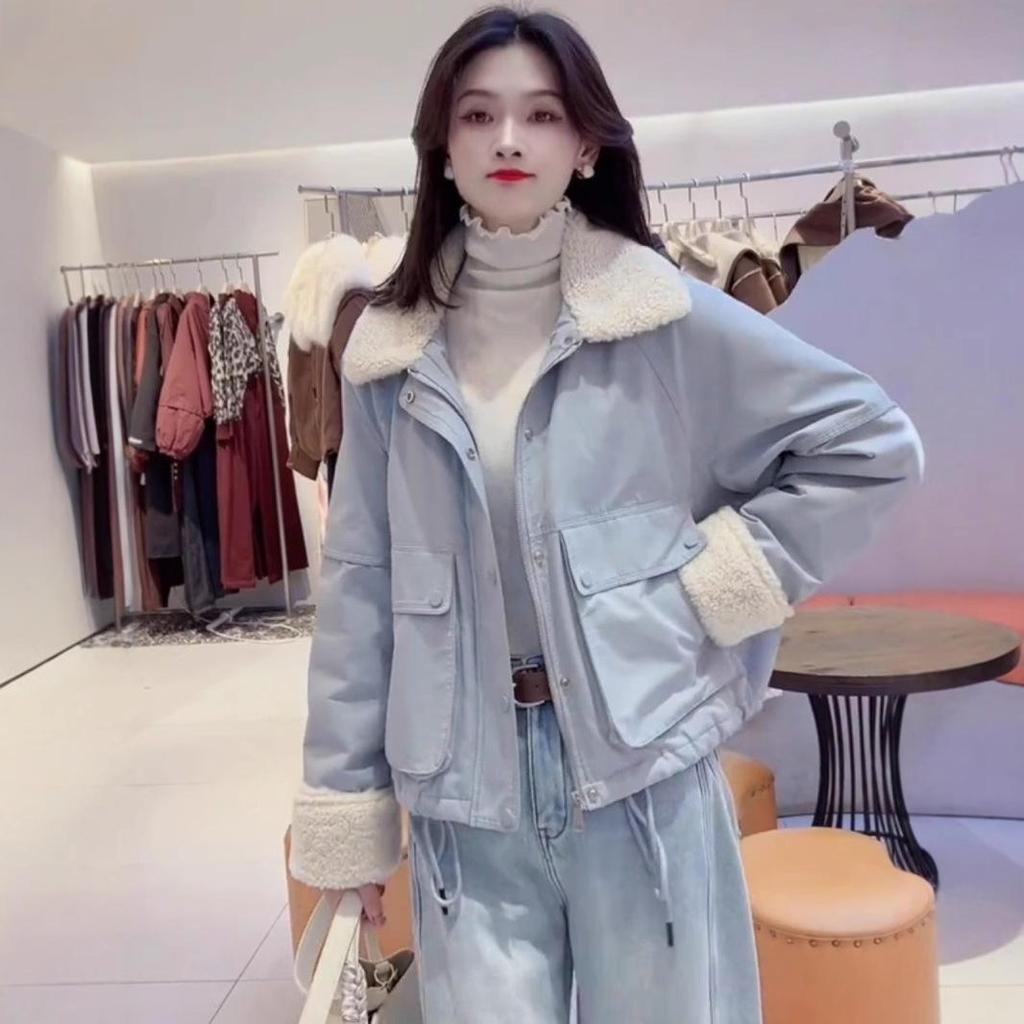 Women's 2024 Winter Korean-Style Lambswool Collar Fleece-Lined Jacket - Casual, Loose, Slimming Parka Top