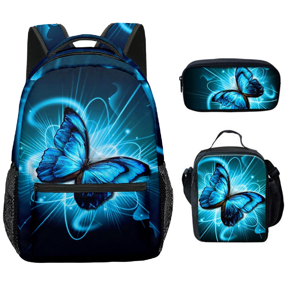 Classico Novità Fresco Bello Farfalla Stampa 3D 3pz/Set Studente Borse Scolastiche Zaino per Laptop Borsa a Tracolla Borsa Pranzo Astuccio