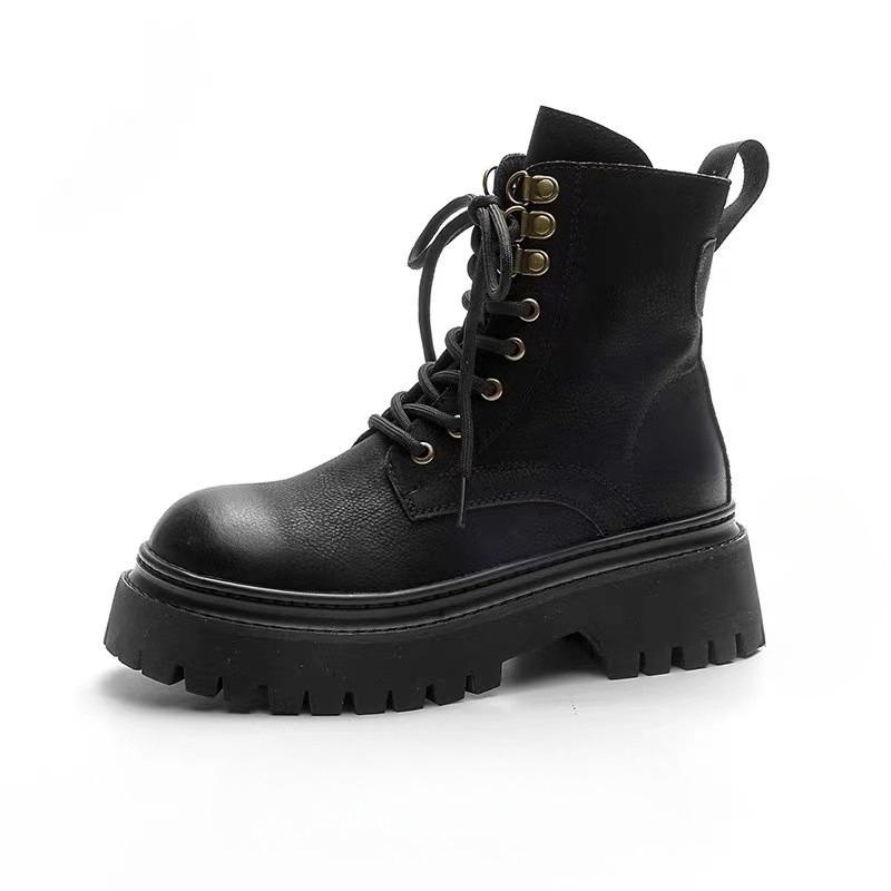 Thick Soled British Style Women's Boots with Soft Leather and Plush Ankle Boots, Fashionable Height Increasing Motorcycle Boots