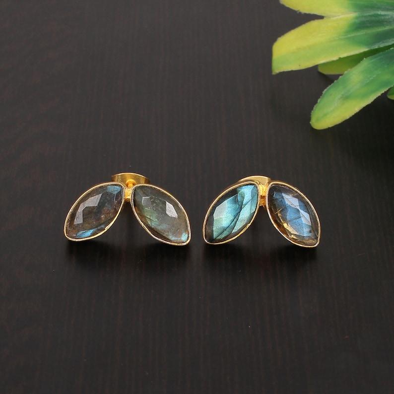 Solid 925 Sterling Silver Labradorite Gemstone Gold Plated Stud Earring Handmade Birthstone Stud Earrings