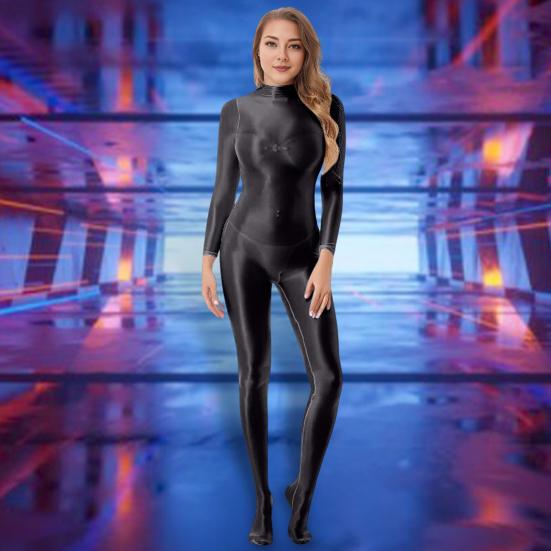 Lady Glossy Bodystocking Stretchy Sexy Full Bodysuit Long Sleeve Jumpsuit with Zipper Shiny Smooth Leotard Catsuit for Dance Practice Club Pole Dance