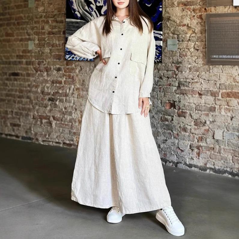 Spring and Autumn New Style Women's Retro Large-sized Lapel Long-sleeved Shirt and Skirt Casual Two-piece Set