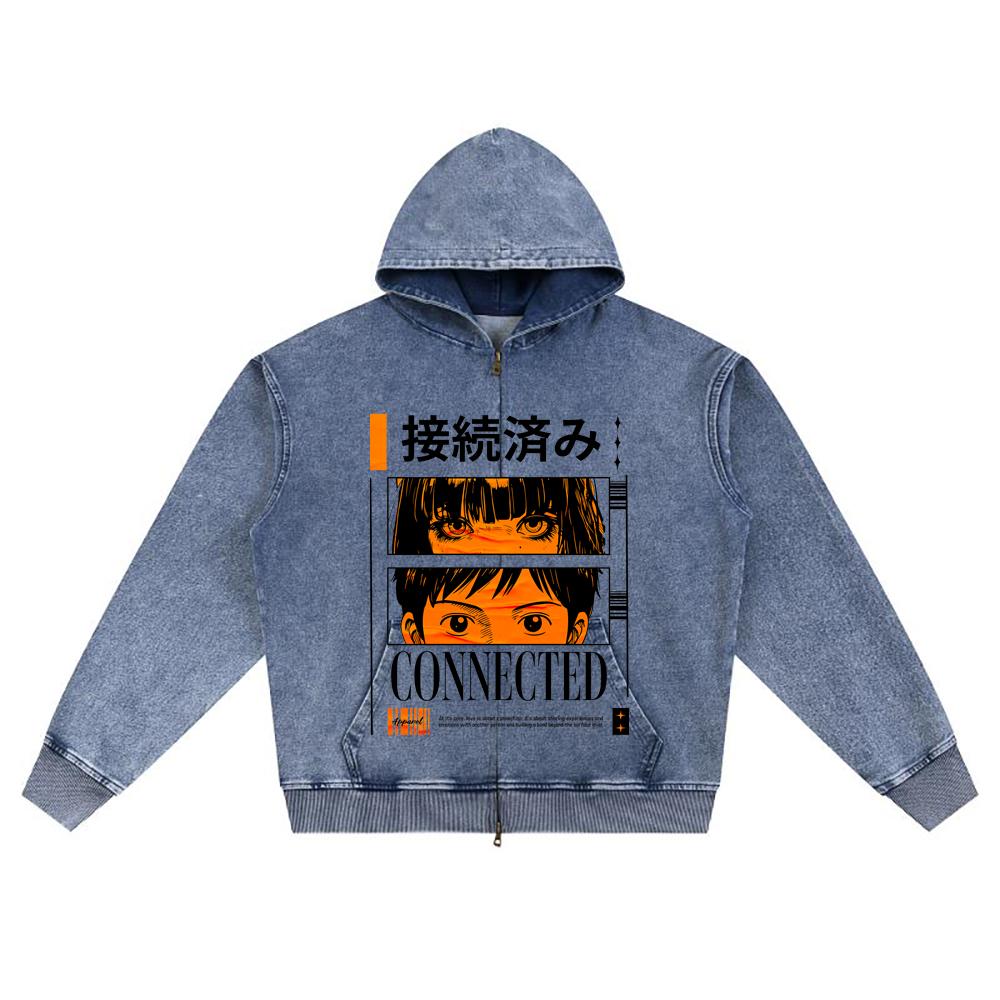 DTG print Knitted Denim Zip-Up Hoodie Connected Brother Print Zipper Hoodies