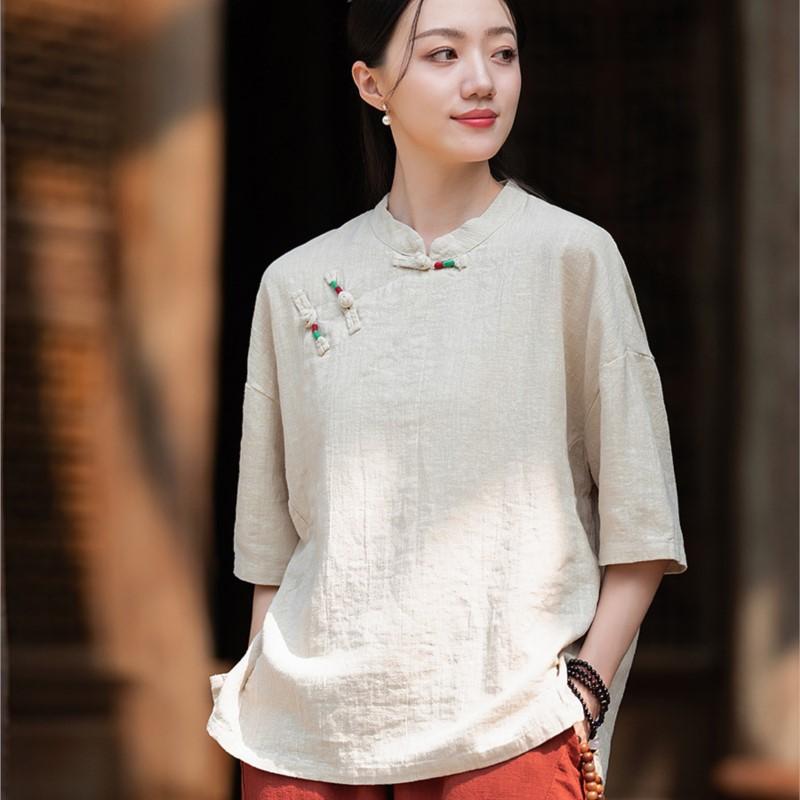 

Johnature женские рубашки в китайском стиле, топы, фиолетовые блузки с короткими рукавами, летние винтажные рубашки на пуговицах One Size бежевый