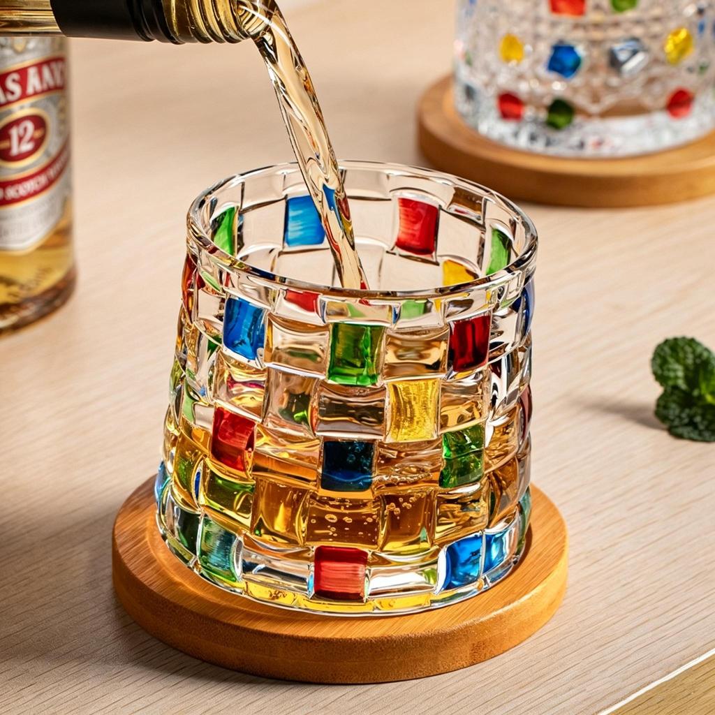 Colorful Hand-Painted Crystal Whiskey Glass, Vintage Embossed Tumbler for Bar & Home