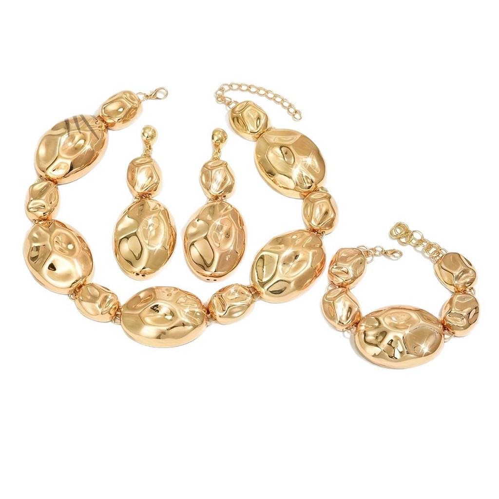 Trendy Clavicle Jewelry Set: Shiny Metal Pleated Earrings, Bracelet, Necklace & Pendant