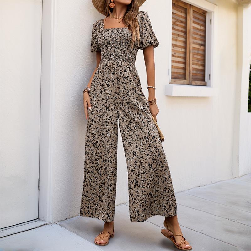 European Summer 2026 Polka Dot Ruched Square Neck Backless Short Sleeve Jumpsuit for Women