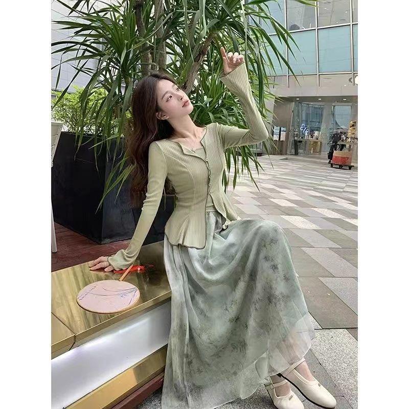Women's Spring 2024 Floral Sun Protection Cardigan, Camisole & Midi Skirt Set