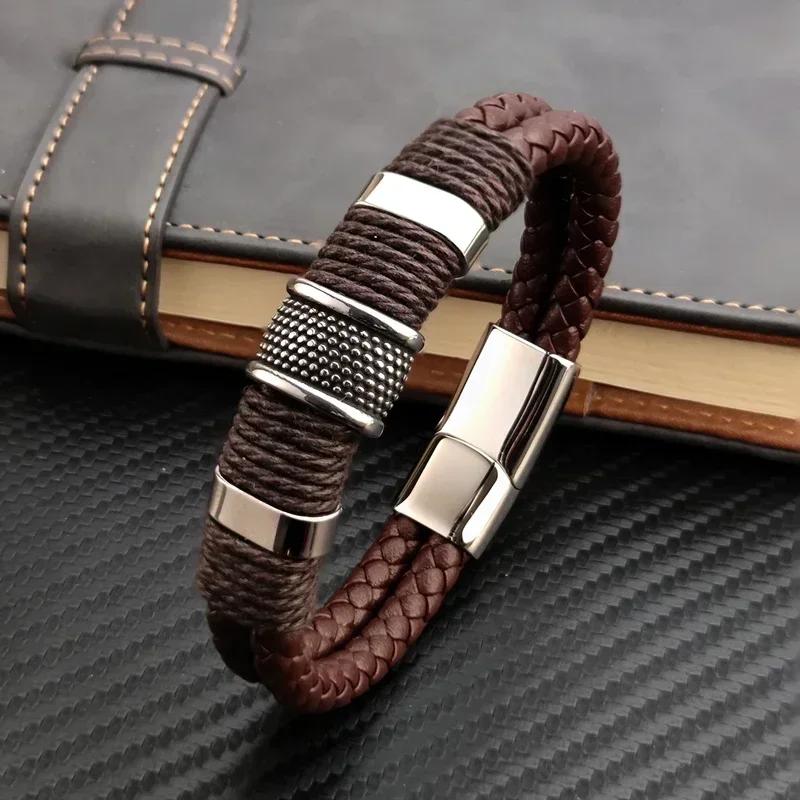 Luxury Vintage Brown PU Leather Men Bracelet Stainless Steel Jewelry Male Wrist Bangle Gift for Him