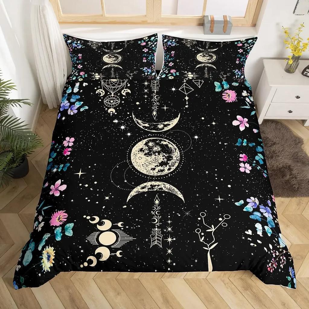 Colorful Floral Duvet Cover Bedding Single Double Bed King Size Black Graphic Print Bohemian Floral For Home Room Decor 3 Pcs