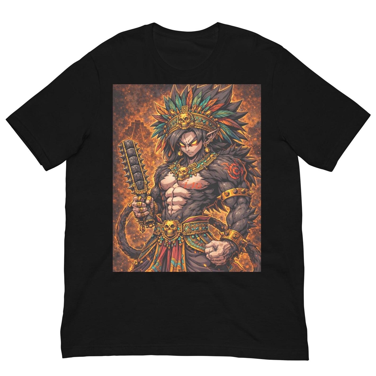 Aztec Beast Warrior T-Shirt, Tribal Jaguar Demon Shirt, Ancient Skull Headdress Fantasy Tee XL