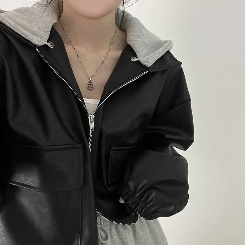 Chaqueta corta elegante vintage de otoño para mujer, estilo retro de calle, de cuero, de manga larga, con cremallera y capucha, estilo de abrigo