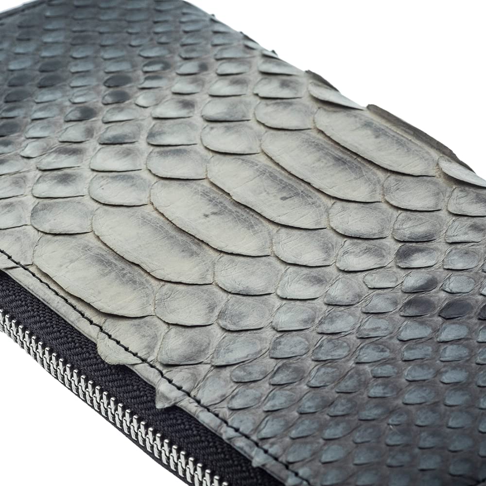 Artemis Classic L-Shaped Slim Gray Python Long Wallet (ZW0008) - Men's Long Wallet with Zipper, Snake Pattern, and Genuine Leather