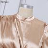 ZANZEA Women Elegant Stand Collar Casual Long Sleeve Satin Long Dress