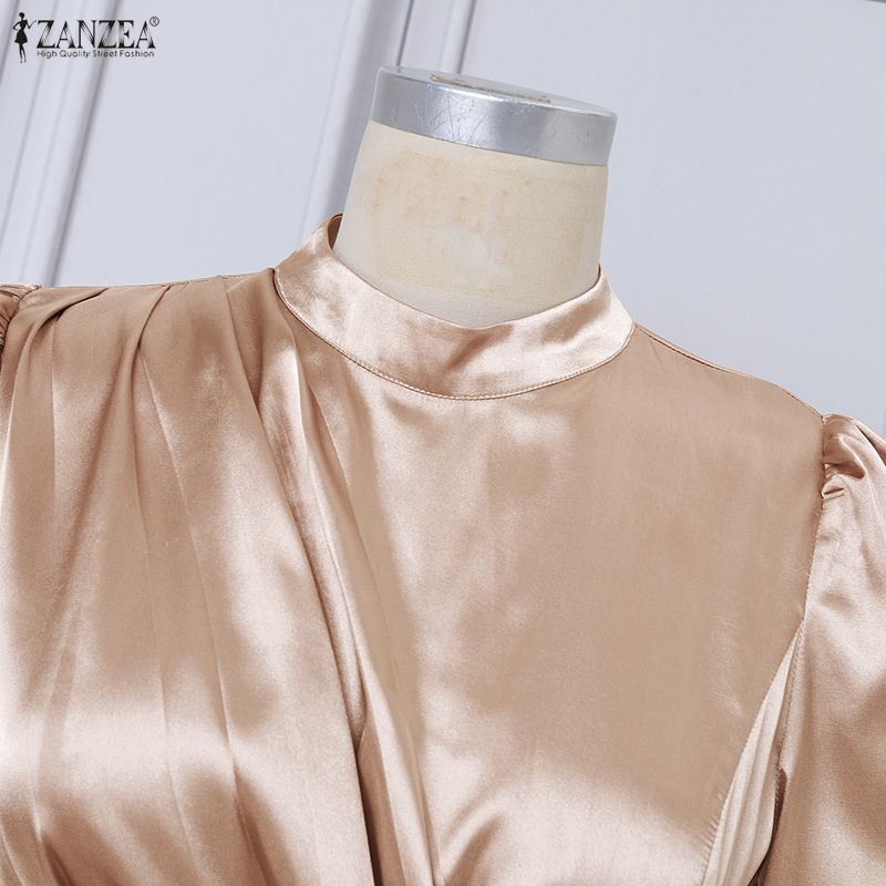 ZANZEA Women Elegant Stand Collar Casual Long Sleeve Satin Long Dress