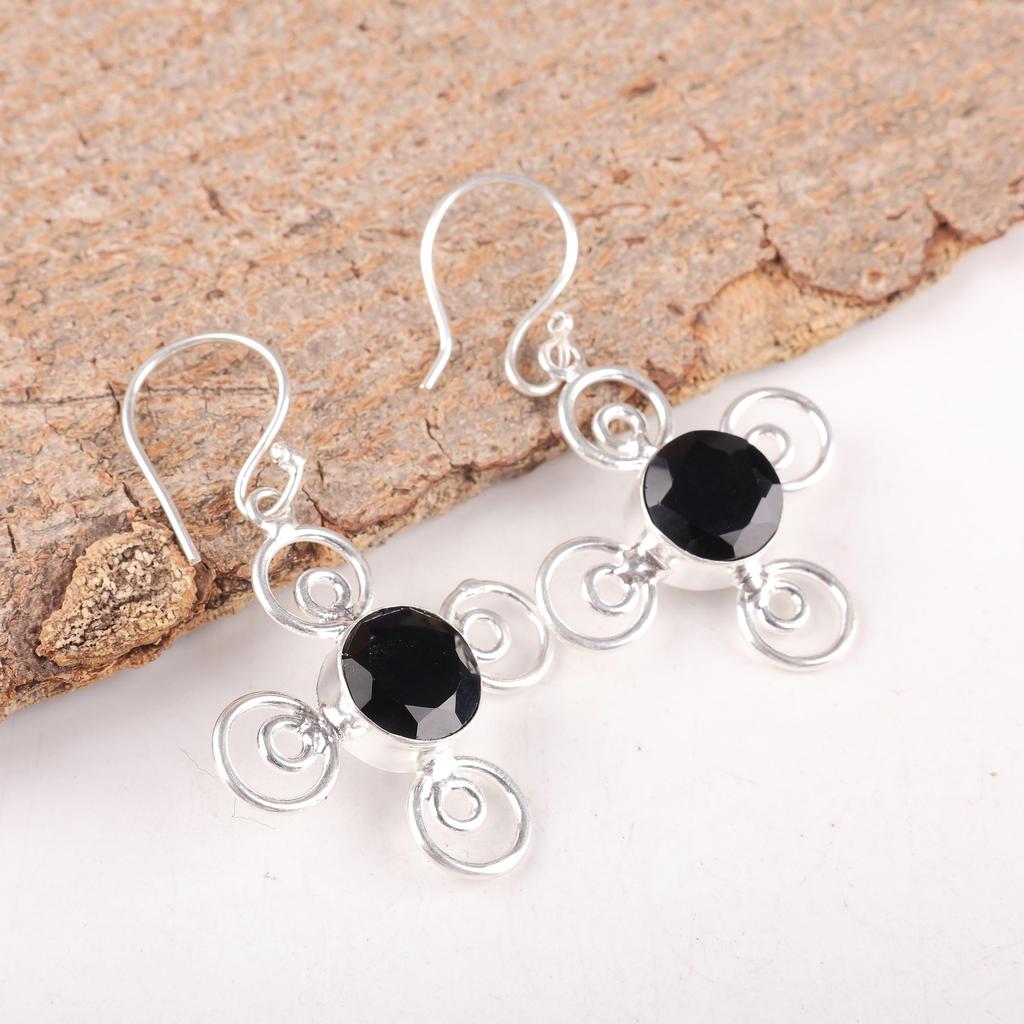 Black Onyx Gemstone Silver Jewelry, 925 Sterling Silver Earrings, Handmade Designer Onyx Earrings Gift For Catholics