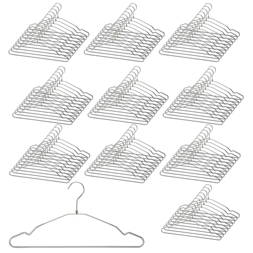 Tamatoshi Steel Hangers, Single, 42cm Wide, Pack of 100, Chrome Plated, Non-Slip, 5-Year Warranty, Developed by a Retail Fixture Manufacturer, Slim, P