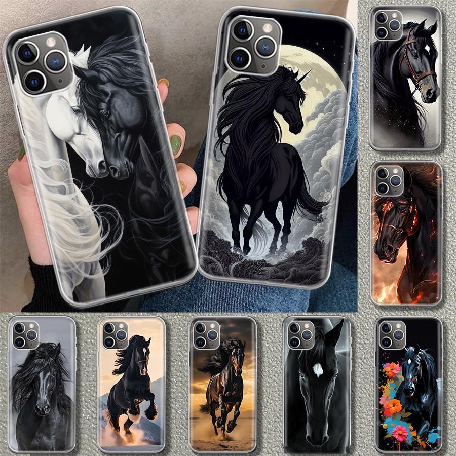 Animal Black Horse Phone Case Cover for iPhone 11 12 13 Mini 14 15 Plus 16 Pro Max 17 Air 7 8 + SE Art Customized Fundas 11 12 1