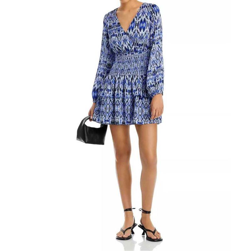 

Export Single AQ Home V Neck Temperament Commute Exquisite Print Lantern Long Sleeve Waist Trimming Versatile Casual Special Dress Blue M