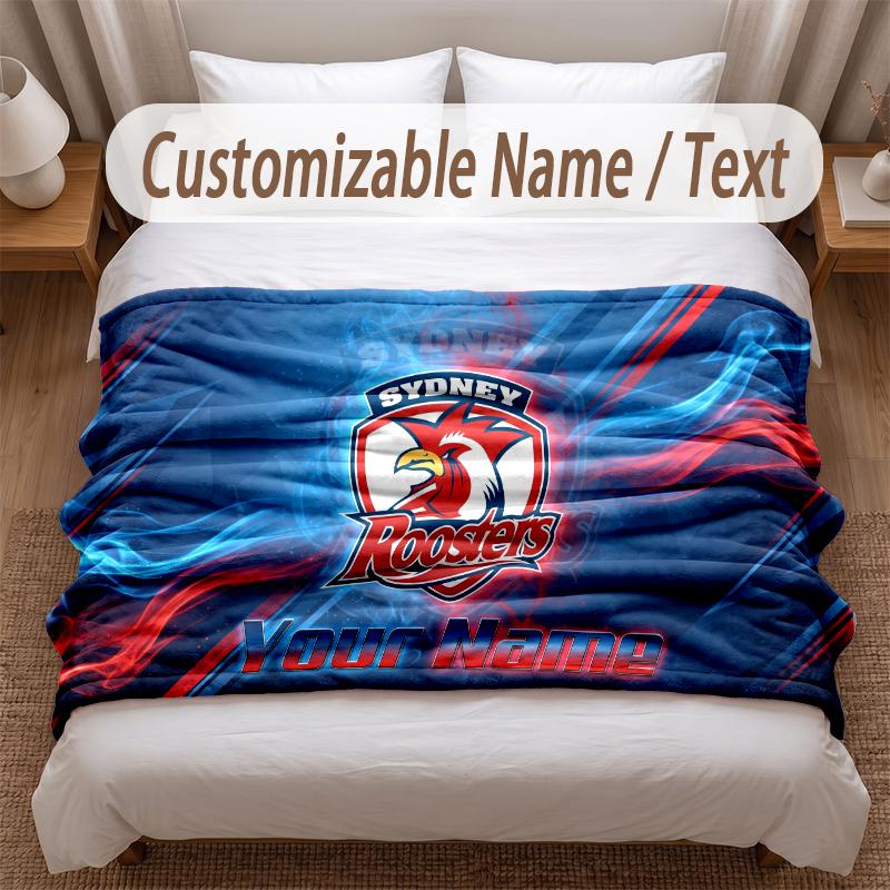 Sydney Roosters Printed Flannel Blanket Custom Name Text Soft Warm Throw For Bedroom Holiday Gift