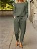 Women's Solid Color Linen Suit - Casual Two-Piece Set, Spring-Summer Retro Style, Elastic Waist with Tie