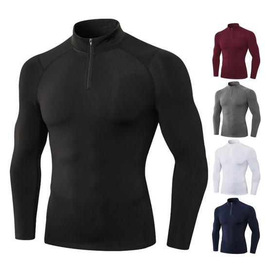 Autumn Winter Men Thermal Top Plush Lining Zipper Stand-up Collar Long Sleeve Shirt Slim Fit Stretch Casual Solid Color Cold Weather Warm Base
