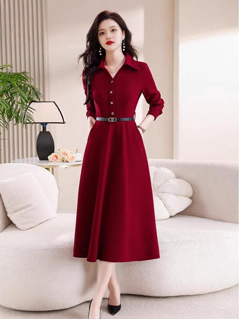 Trendy Korean Style Patchwork Waist-Cinched Mid-Length Dress for Women - 2026 Spring/Autumn