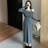 Sexy Pure Desire Style Spice Girl Long-sleeved Dress Women's Autumn New One-word Shoulder Neck High Waist Medium and Long Skirt Tide