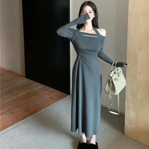 Sexy Pure Desire Style Spice Girl Long-sleeved Dress Women's Autumn New One-word Shoulder Neck High Waist Medium and Long Skirt Tide