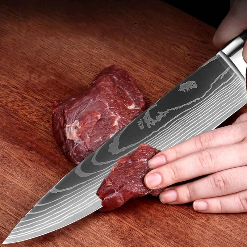 Stainless Steel Kitchen Knife Laser Damascene Professional Chef Knife Santoku Knife Multipurpose Kitchen Accessories for Cutting Meat and Vegetables