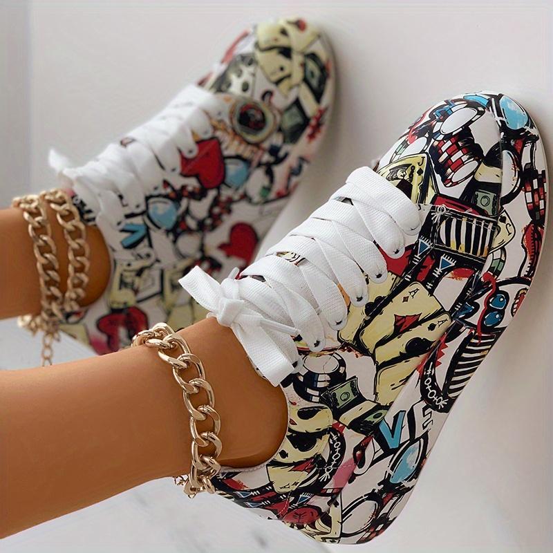 Fashion Women's graffiti print sneakers, fashion lace-up low-top platform sneakers, casual skateboard shoes
