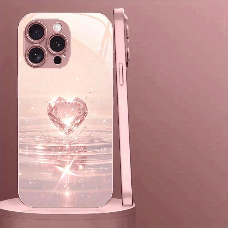 Pink Diamond Ripple Pattern Pink Metallic Paint Glass Phone Case For iPhone 11 12 13 14 15 16 17 Pro Max Plus 16E 17Air Cover