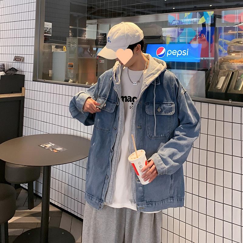 Jeansjacke für Herren, Frühling/Herbst, neues Design, Fake-Zweiteiler, locker, lässig, mit Kapuze, vielseitig, neuer Stil