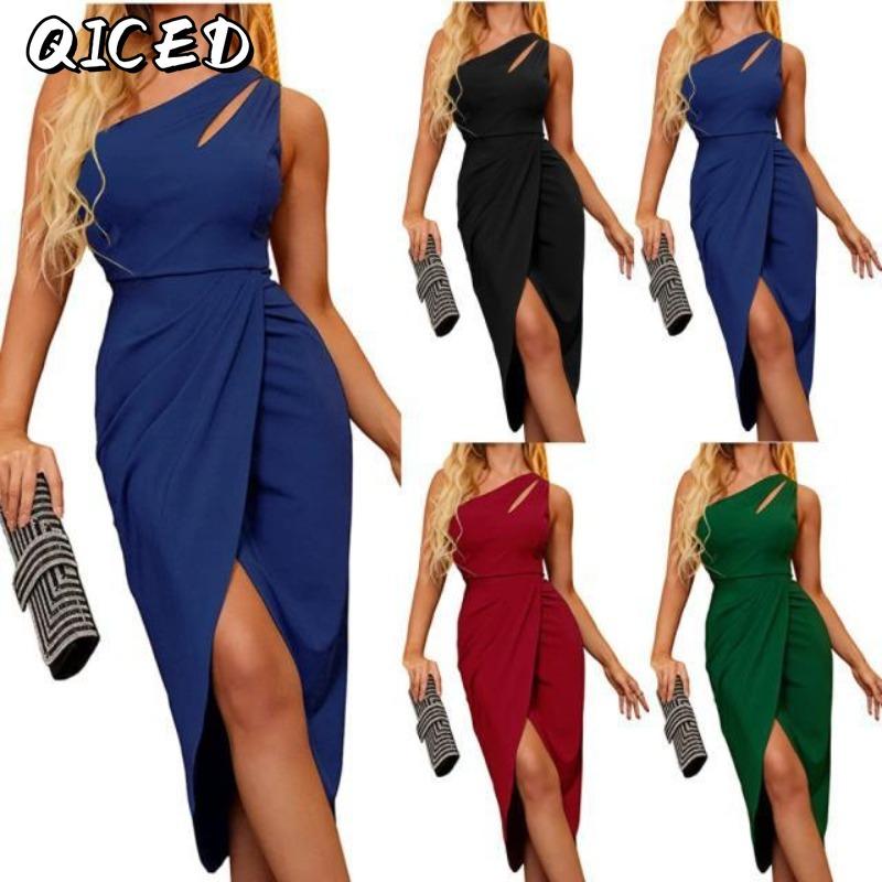 QICED Fashion Summer Spring Solid Color Print Sleeveless Casual Dresses