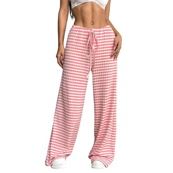 Women Pants Elastic Waist Adjustable Drawstring Striped Casual Wide Leg Trousers Design Loose Fit Daily