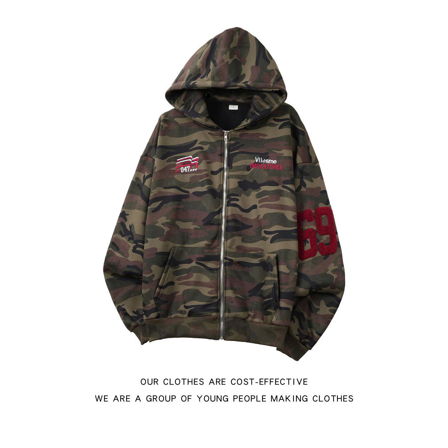 

Men s Retro Washed Camouflage Embroidered Hoodie Jacket XL