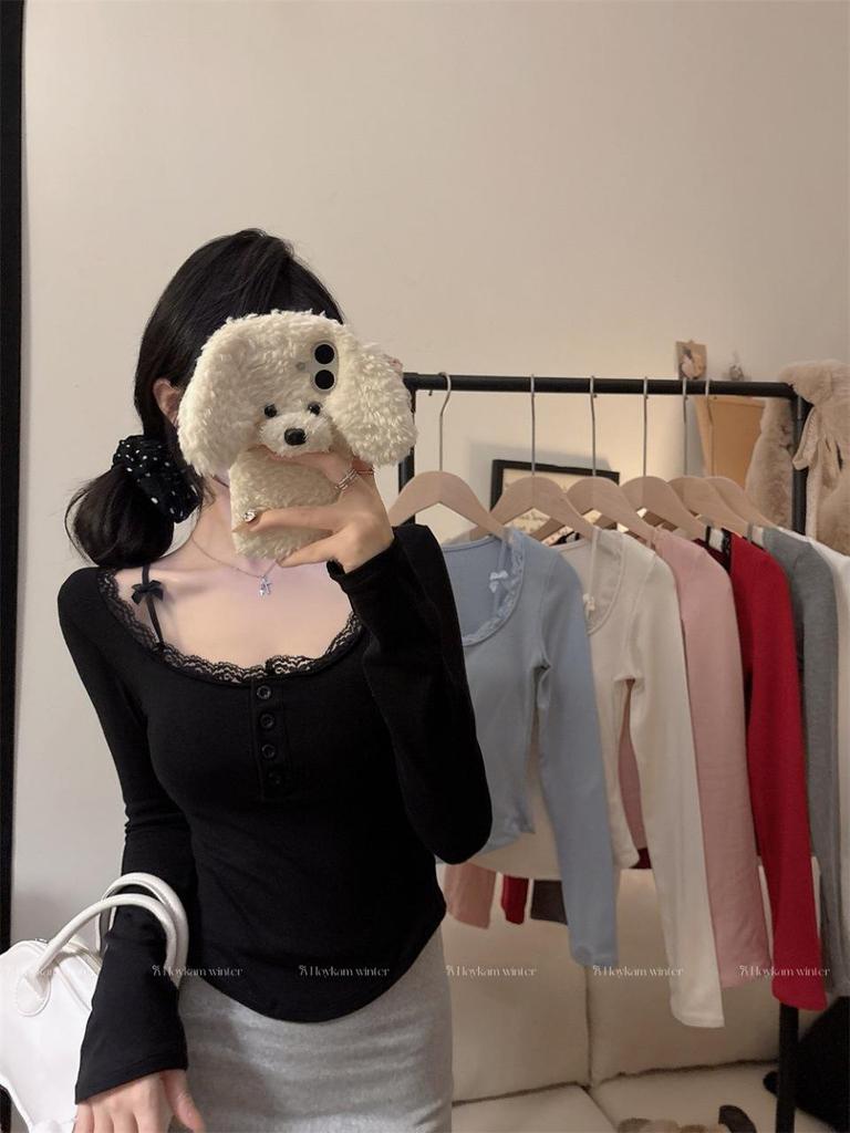 Women's Red Lace Patchwork Long Sleeve Slim-Fit T-shirt - Autumn/Winter Trendy Base Layer Top