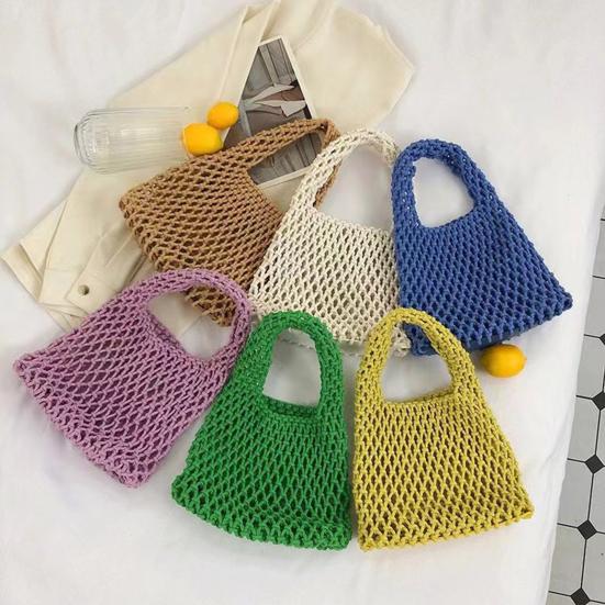 Hand-Woven Wrist Tote Bag Cotton Rope Braided Hollow Out Handbag Ladies Portable Wristlet Handbag for Travel Beach Shopping