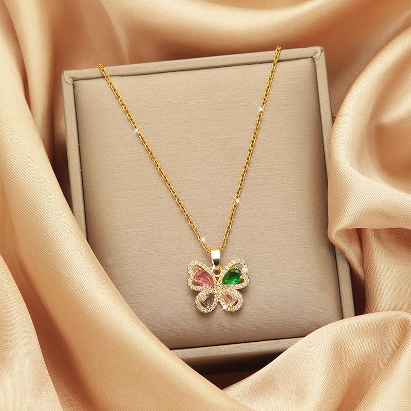 Luxury Shiny Stainless Steel 18k Gold Zircon Heart Butterfly Pendant Necklace Women Boutique Pearl Flower Leaf Necklace for Gift